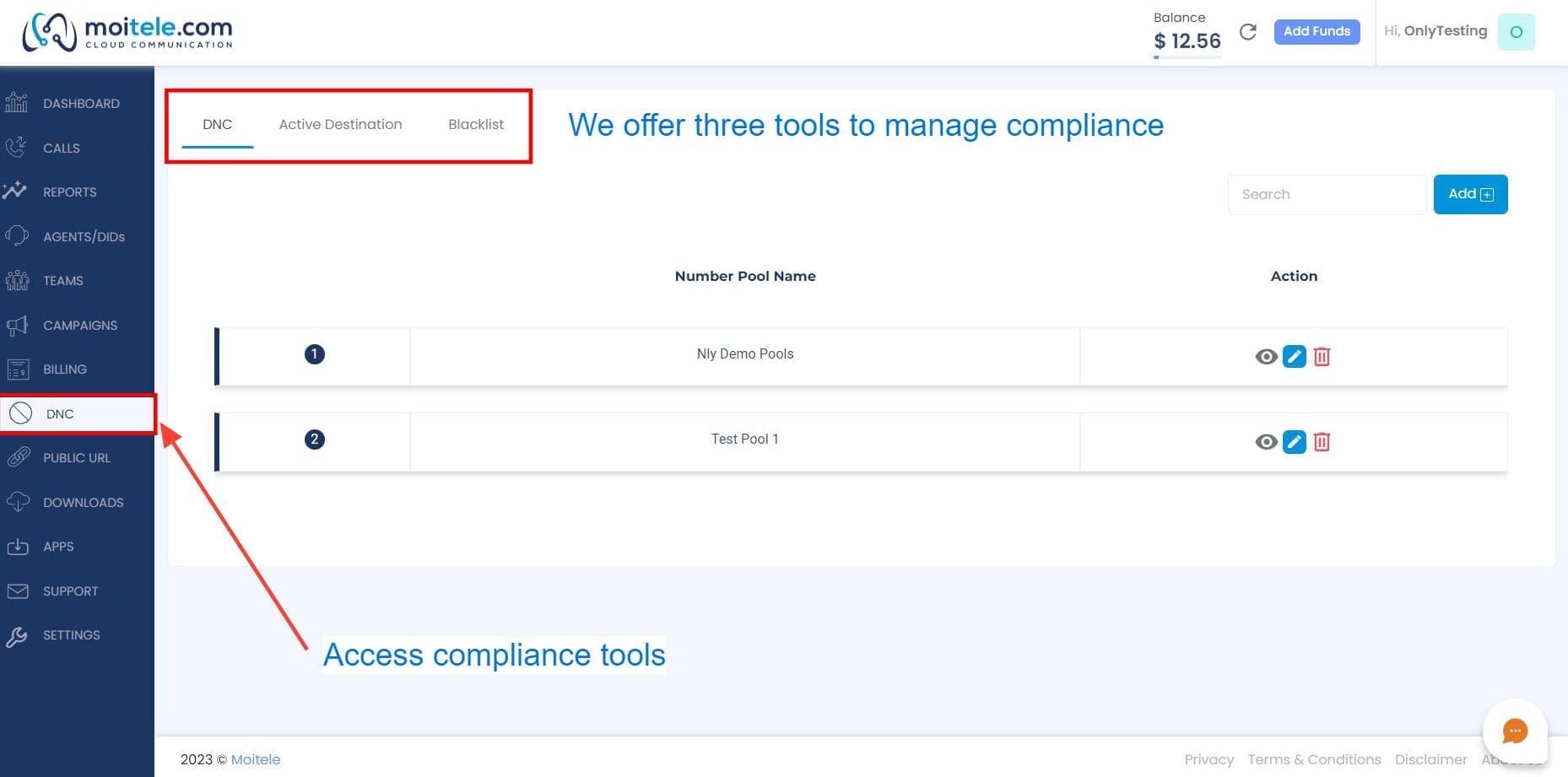 screenshot from Moitele's customer portal